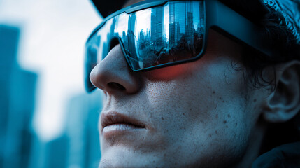 Futuristic person wearing smart glasses with neon city lights reflection