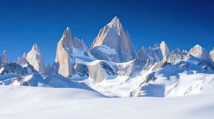 Naklejka premium Majestic snow-capped peaks pierce a vibrant blue sky. Vast, pristine white landscape
