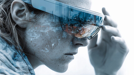 Futuristic person wearing smart glasses with neon city lights reflection