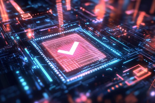 A glowing check mark on a circuit board with blue and red lights in a futuristic design style