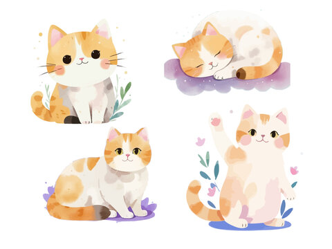 watercolor cute orange cat illustration vector shape collection sticker clipart isolated on white background doodle set