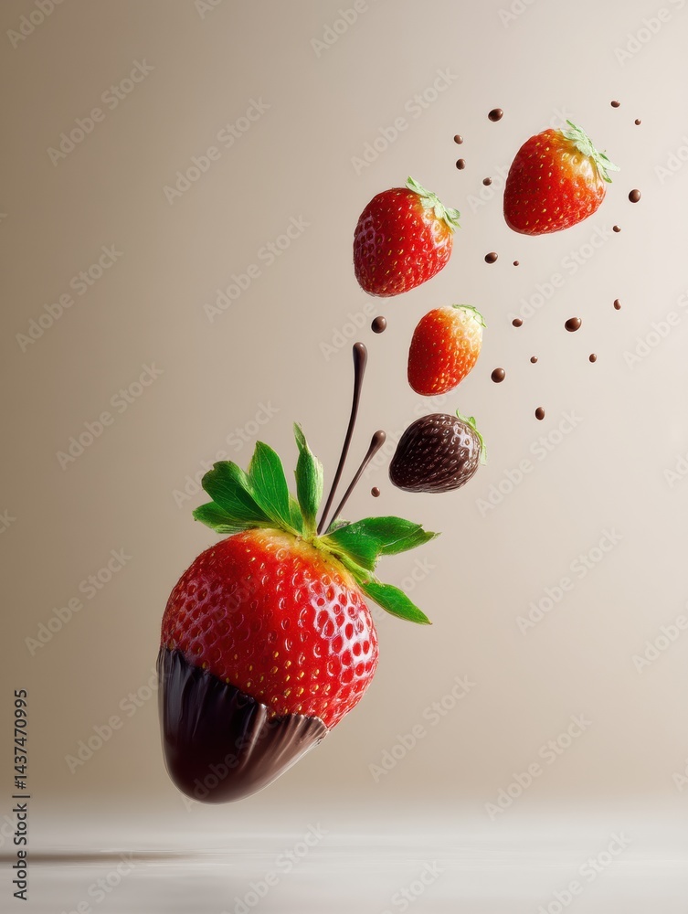 Poster chocolate dipped strawberry floating in mid-air surrounded by smaller strawberries in high-key light