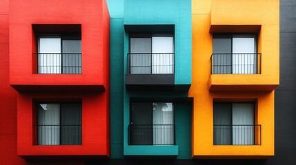 Colorful apartment building facade with balconies and windows. (2)
