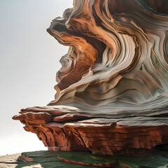 A stunning layered rock formation with flowing, wave-like textures in warm earthy tones, captured under soft natural light.