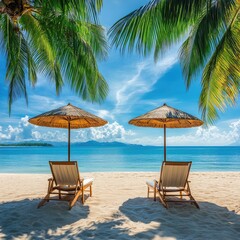 Obraz premium Tropical beach scene with two beach chairs and umbrellas Sunlight filters through palm trees, casting shadows on the pristine white sand Tranquil turquoise water stretches to the horizon