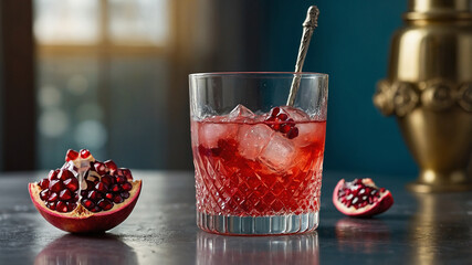 Bright Winter Mocktail with Pomegranate A tall glass filled with a vibrant ruby-red pomegranate mocktail, garnished with a sprig of rosemary. The drink is topped with crushed ice and a splash of soda