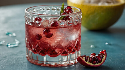 Bright Winter Mocktail with Pomegranate A tall glass filled with a vibrant ruby-red pomegranate mocktail, garnished with a sprig of rosemary. The drink is topped with crushed ice and a splash of soda