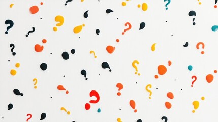 Colorful question marks and punctuation marks scattered on a white background