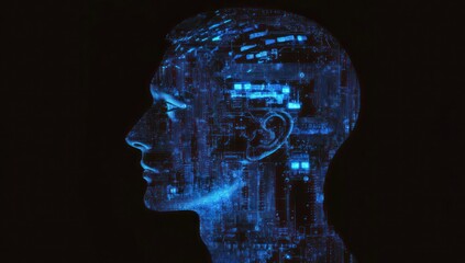 Obraz premium Digital head profile, circuit board, dark background, AI concept, tech illustration