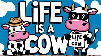 Life is a Cow: A Humorous Graffiti Mural with Cartoon Cows and a Playful Message