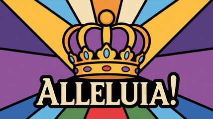 Stained glass illustration focusing on a stylized, ornate golden crown, perhaps with radiating light beams or set against a royal purple background.  The word "Alleluia!"