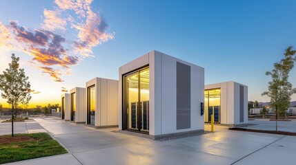 Exterior view of modern data center with clean lines and cooling units