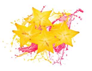 Drifting Pieces of Starfruit with Colorful Juice Splashes high fidelity 