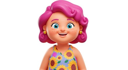 Fototapeta premium Smiling Woman with Pink Hair Wearing Sunflower Dress 3d Rendering