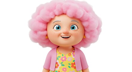 Fototapeta premium Smiling Woman with Pink Hair and Floral Dress Cartoon