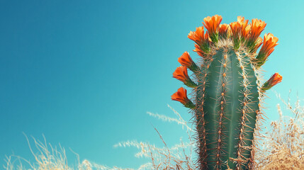 Naklejka premium Close up of cactus and orange flowers with blue sky background, free space for text