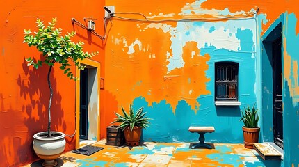 Warm terracotta cool teal bold acrylic painting outdoor courtyard. Vibrant colors textured brushstrokes earthy cool contrast.  Emphasize impasto texture and color juxtaposition