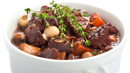 Deliciously Tender Chunks of Premium Beef Chuck Stew with Vegetables and Fresh Herbs in a White Bowl