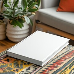 Blank book on a colorful rug, indoor setting