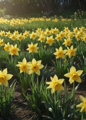 Obraz premium Sunlit yellow daffodils burst forth in a verdant field , golden, field, daytime
