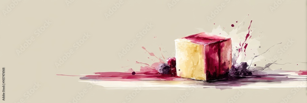 Poster minimalist cheesecake cube adorned with berry sauce brushstroke on a neutral background
