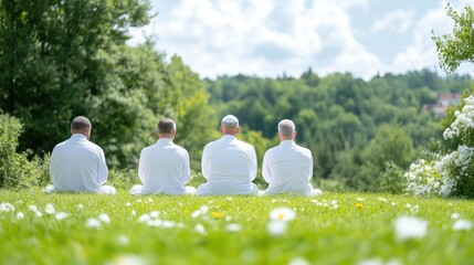 Fototapeta premium Four men in white robes sit in a grassy field, overlooking a lush green landscape