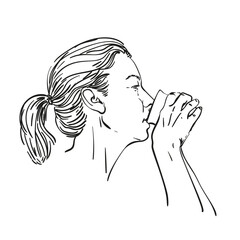 Minimalistic hand-drawn vector illustration of a woman drinking from a cup. Black and white line art, no shading, isolated on white. Suitable for beverage, lifestyle, and relaxation concepts