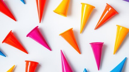 Colorful plastic ice cream cones scattered on a white surface