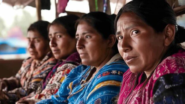 Group of indigenous women in traditional clothing sitting and looking at the camera, showing culture, heritage, and community, ethnic group lifestyle.