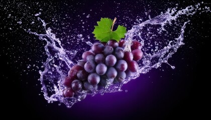 A fresh bunch of purple grapes with a green leaf is splashed with water against a dark background.