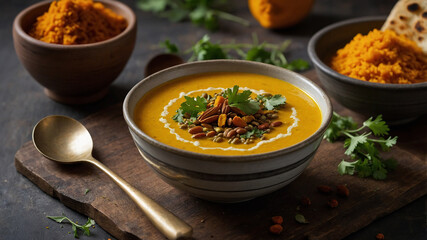 Golden Winter Soup with Turmeric A bright golden soup made with turmeric, lentils, and roasted squash is served in a white ceramic bowl. Swirls of coconut cream 