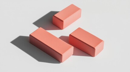Obraz premium Three coral-colored rectangular blocks arranged in a modern design, casting shadows on a white background