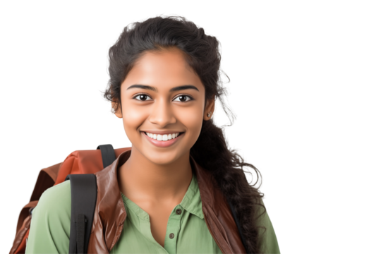 Smiling Indian Female Student on a Transparent background – PNG Transparent Background for Educational & Marketing Projects. PNG cut out. Isolated image.