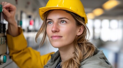 Woman engineer inspecting industrial control panel, focused on maintenance task, modern facility background, professional image for engineering job posting