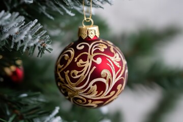 A red christmas ornament with gold swirls hanging on a christmas tree branch with snow on it