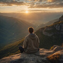 Fototapeta premium A person in loose, comfortable clothes sits in a meditative posture at the edge of a cliff, the rising sun glowing behind them, lighting up the clouds and mountains in soft golden hues.