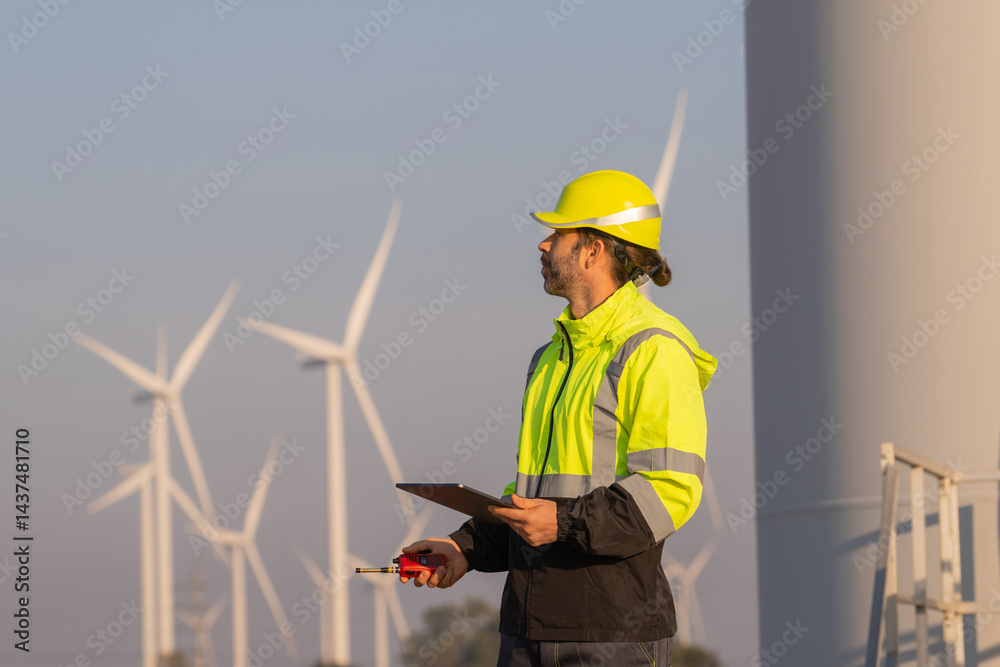 Poster engineer man working with tablet at windmill farm generating electricity clean energy. wind turbine 