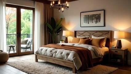 Serene Bedroom Retreat with Warm Lighting and Natural Wood Accents, Featuring a Comfortable Bed, Stylish Throw Blanket, and Tranquil Outdoor View