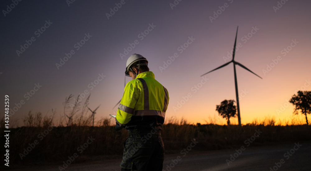 Poster engineer man working with tablet at windmill farm generating electricity clean energy. wind turbine 