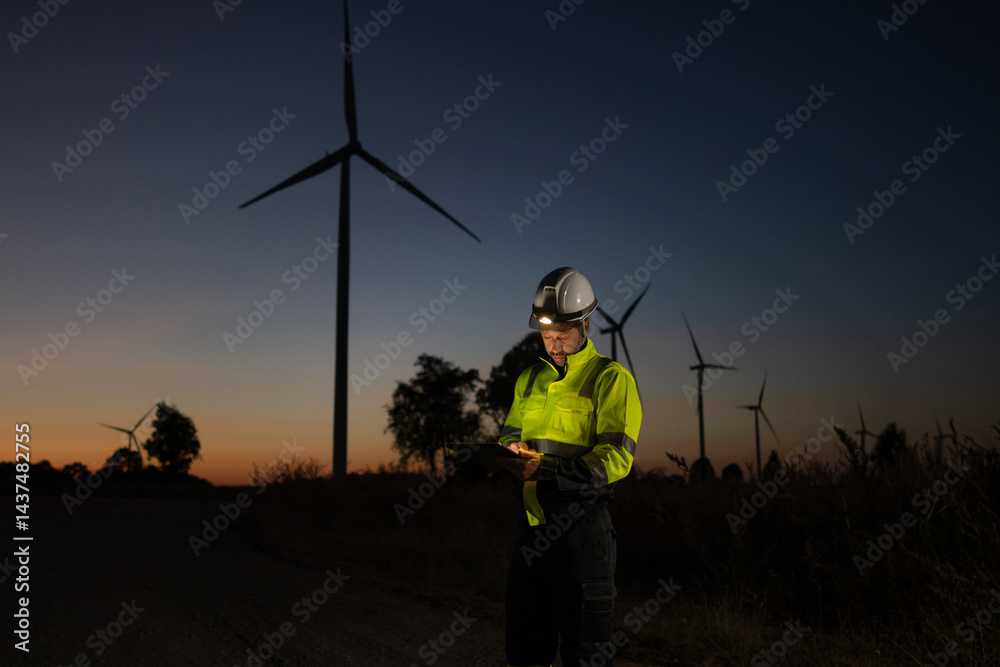 Poster engineer man working with tablet at windmill farm generating electricity clean energy. wind turbine 