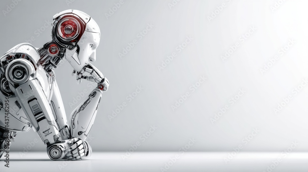 Fototapete robotic thinker in minimal white space reflecting on ideas with a contemplative pose
