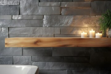 Empty wooden shelf displaying lit candles in modern bathroom