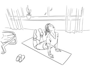 Hand-drawn vector illustration of a woman performing cobra pose on a yoga mat in a bright room. Clean black and white line art without shading. Wellness, home fitness, and mindful movement concepts