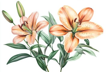 Fototapeta premium Watercolor painting of two orange lilies with green leaves on a white background artistic floral art
