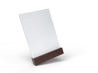 3D Realistic table stand, table tent mockup with wooden base and white paper acrylic. Blank card holder display information for menu label, restaurant, cafe, banner, picture stand, sign holder, ads