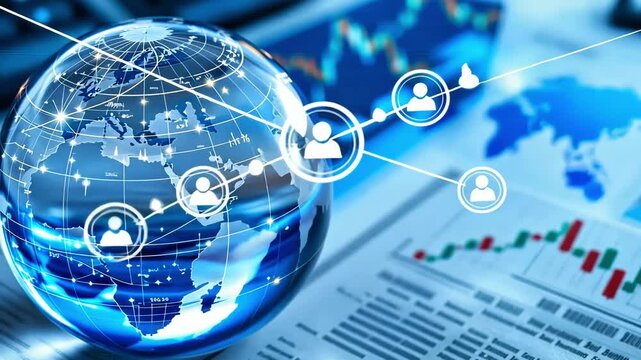 Global connectivity illustrated through a digital globe, showcasing networking with graphs in the background