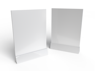 3D Realistic table stand, table tent mockup with plastic base and white paper acrylic. Blank card holder display information for menu label, restaurant, cafe, banner, picture stand, sign holder, ads