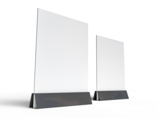 3D Realistic table stand, table tent mockup with metal base and white paper acrylic. Blank card holder display information for menu label, restaurant, cafe, banner, picture stand, sign holder, ads