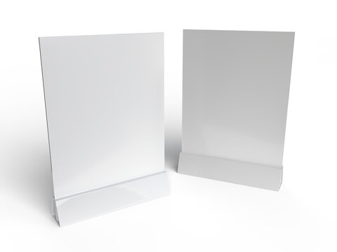 3D Realistic table stand, table tent mockup with plastic base and white paper acrylic. Blank card holder display information for menu label, restaurant, cafe, banner, picture stand, sign holder, ads
