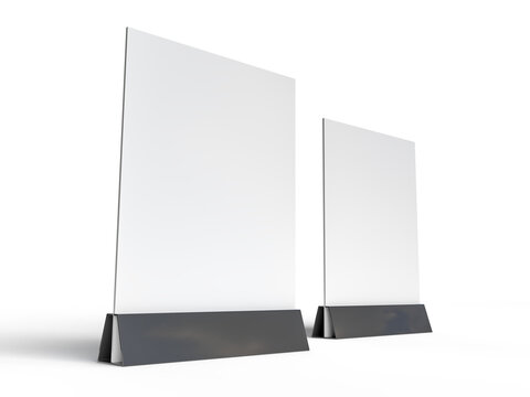 3D Realistic table stand, table tent mockup with metal base and white paper acrylic. Blank card holder display information for menu label, restaurant, cafe, banner, picture stand, sign holder, ads